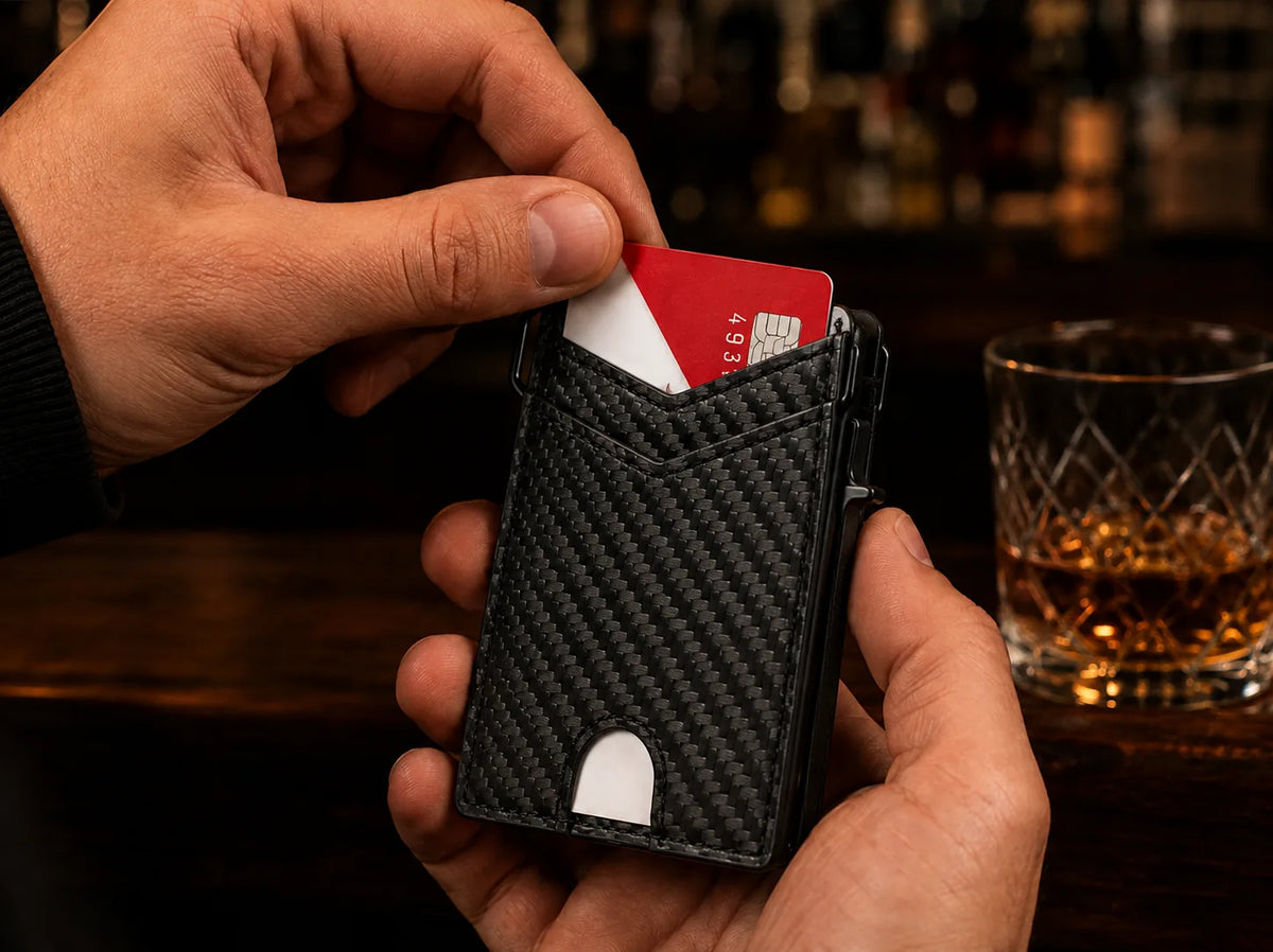 Man pulling out a card from TYVEXO wallet