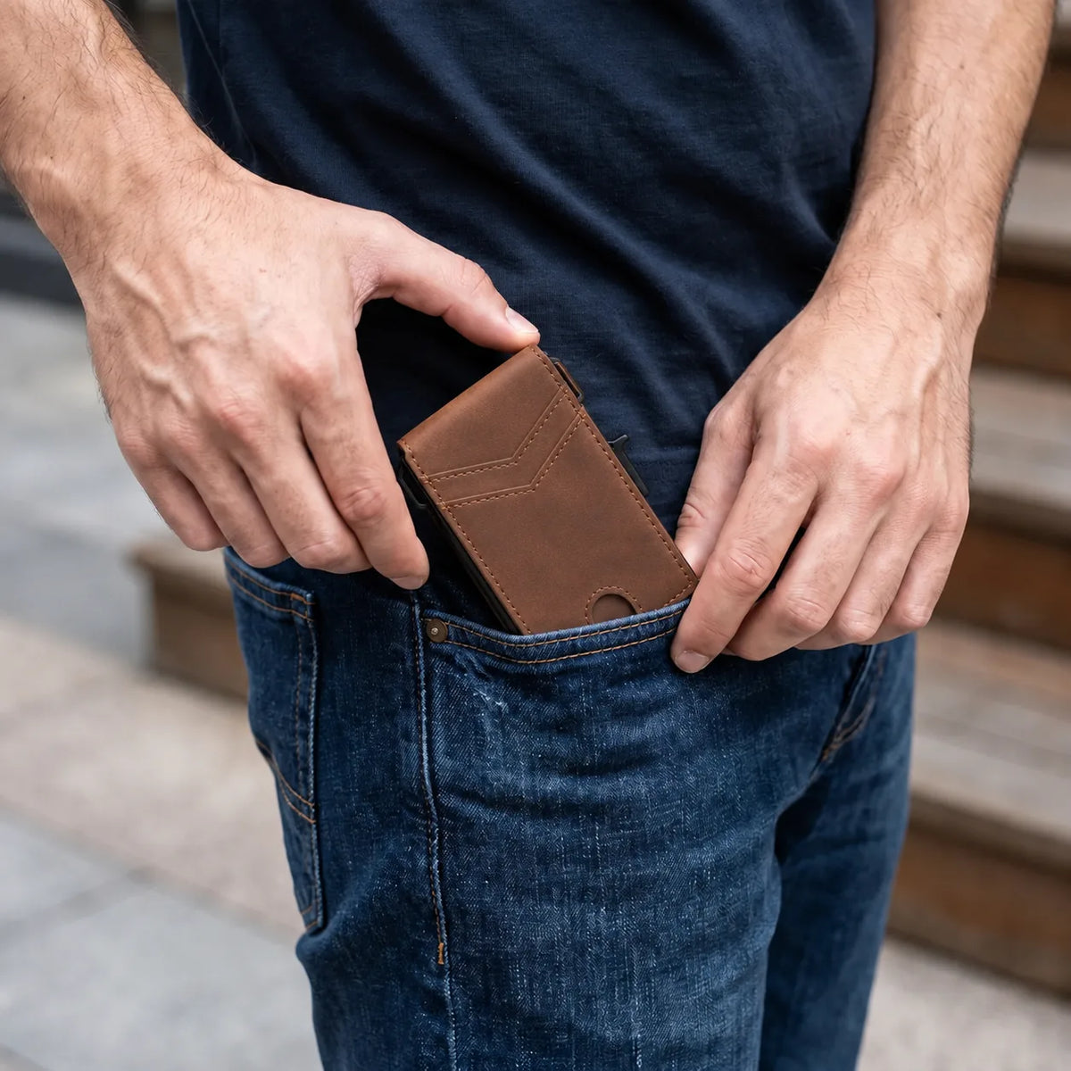Man putting TYVEXO wallet in pocket