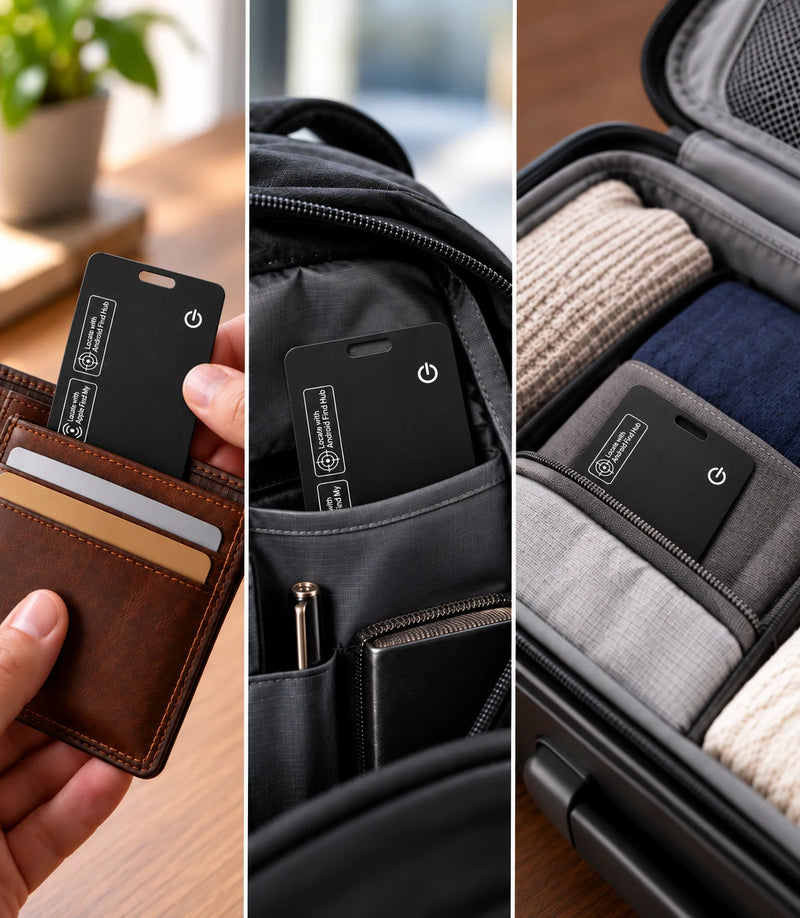 TYVEXO Smart Card - triptych: in a wallet, in a backpack pocket, in a suitcase