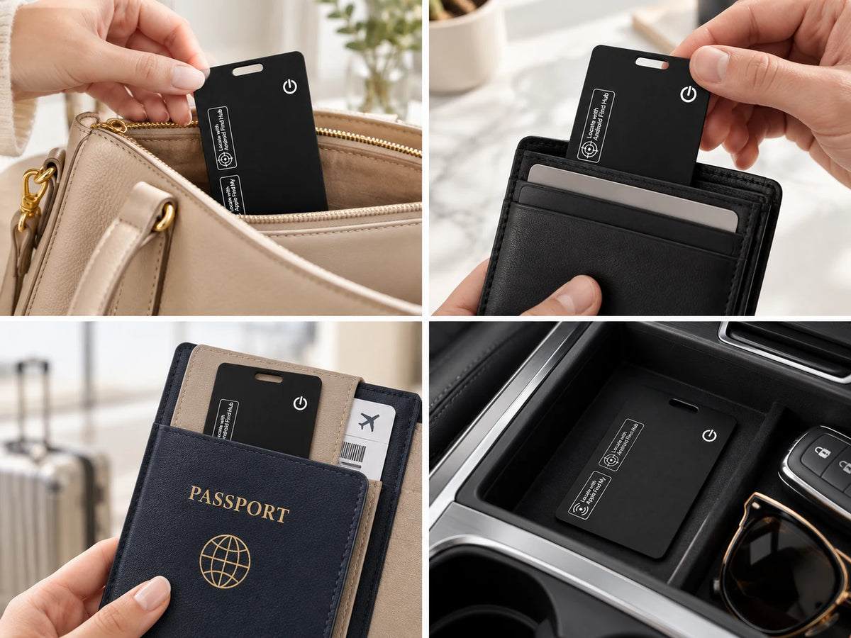 TYVEXO Smart Card in a bag, wallet, passport, and car console