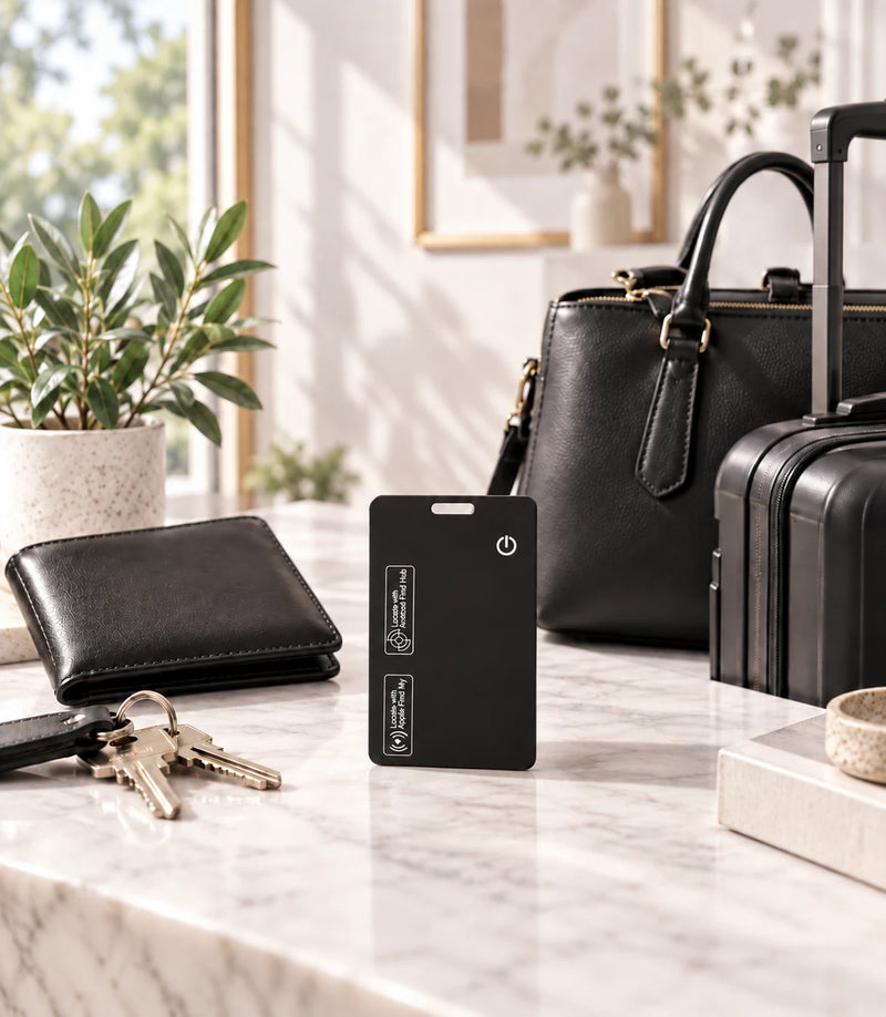 TYVEXO Smart Card standing on a marble table next to a wallet, keys, and handbag