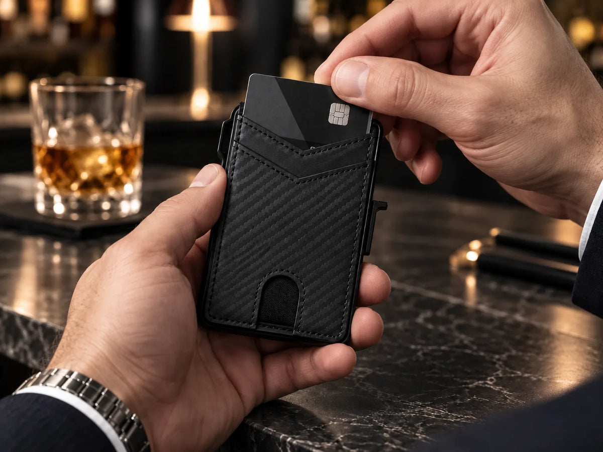 גבר מוציא כרטיס מארנק TYVEXO SmartCarry בבר